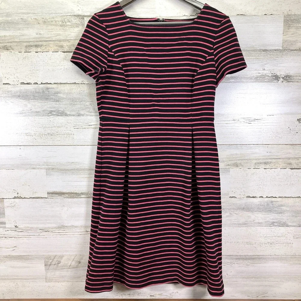 Talbots Womens Black & Pink Striped Short Sleeve Fit & Flare Knee Length Dress 6